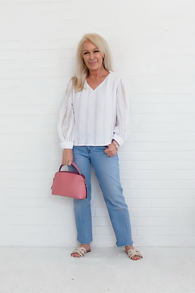Poet’s Blouse + Ankle Jeans + Sandals + Handbag