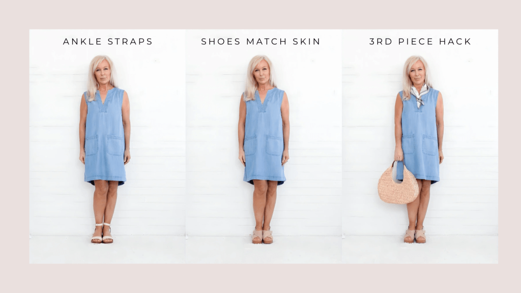 A woman wearing a light blue dress demonstrates three different fashion styles: 1) with ankle strap shoes, 2) with shoes that match her skin tone, and 3) adding a third piece to her outfit, while standing against a neutral background.