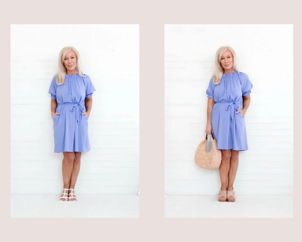 A woman wearing a short, light blue dress with pockets, styled in two different ways: one with white strappy shoes and another holding a straw bag with platform sandals.