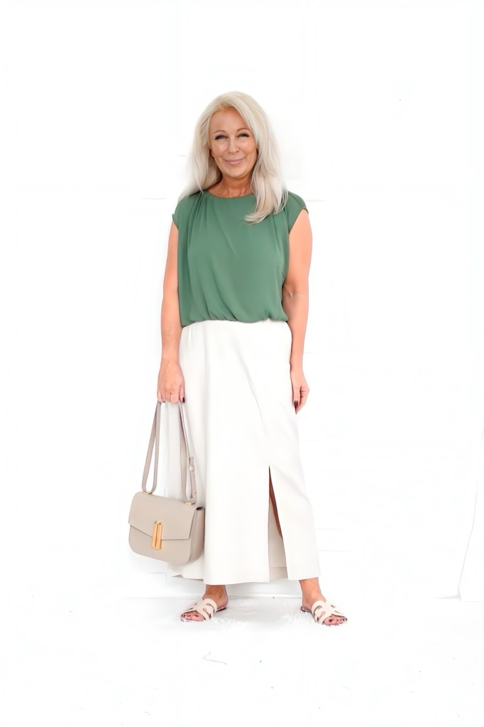 A woman with long blonde hair smiles at the camera, wearing a green top and a white skirt with a slit, and holding a beige handbag.