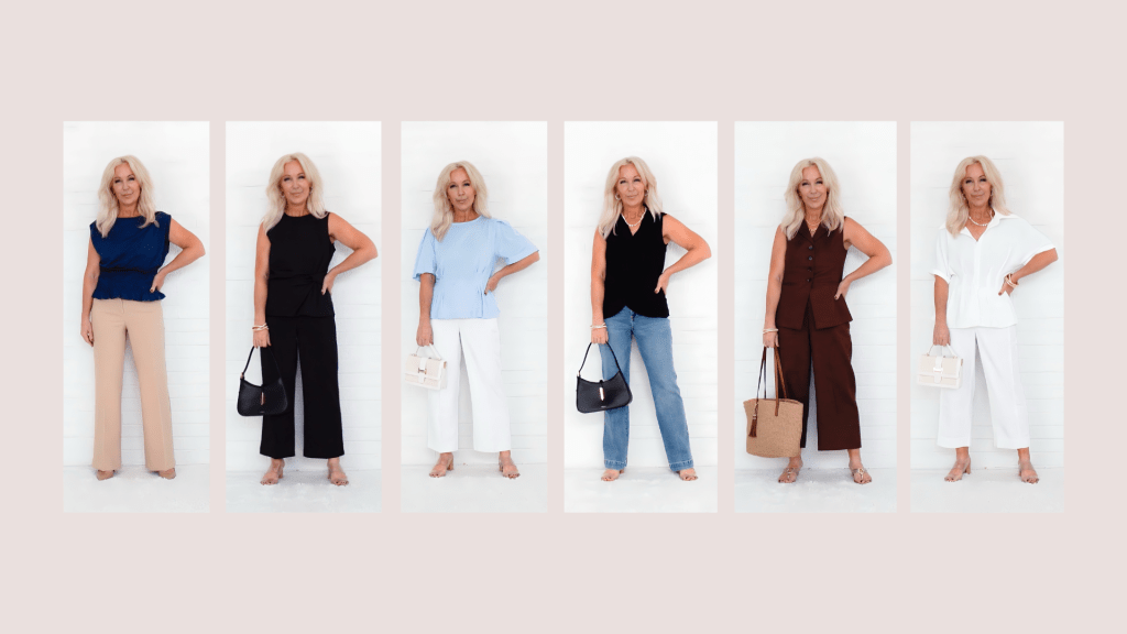 A woman modeling various summer outfits, showcasing different styles including top and bottom combinations in neutral and pastel colors, with a focus on flattering silhouettes.