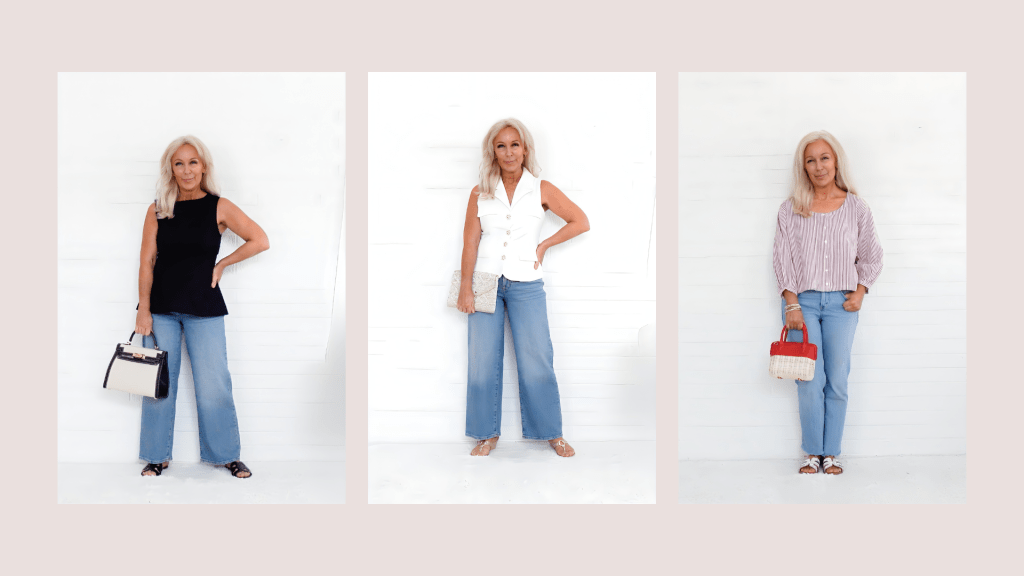 Three images of a woman showing summer outfits suitable for women over 50. The first outfit features a black sleeveless top with wide-leg jeans and a handbag. The second outfit includes a white button-up top, wide-leg jeans, and a small handbag. The third outfit features a striped loose top with jeans and a small red handbag.