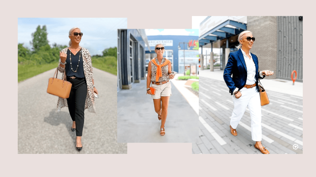A collage featuring a woman with short hair, wearing stylish outfits in three different outdoor settings. Outfits include a light kimono over black pants, a patterned top with shorts, and a navy blazer with white pants. She accessorizes with sunglasses and a handbag, exuding confidence and elegance.