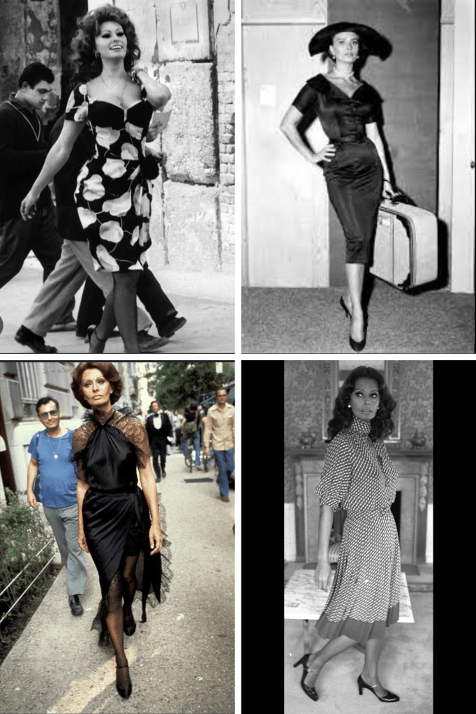 Four black and white images of fashionable women from the past, showcasing classic styles. The first image features a woman in a floral dress walking confidently. The second image depicts a woman in a fitted black dress with a hat, holding a suitcase. The third image shows a woman in a dark dress with lace details, walking in a street. The fourth image captures a woman in a polka dot dress, poised in a room.