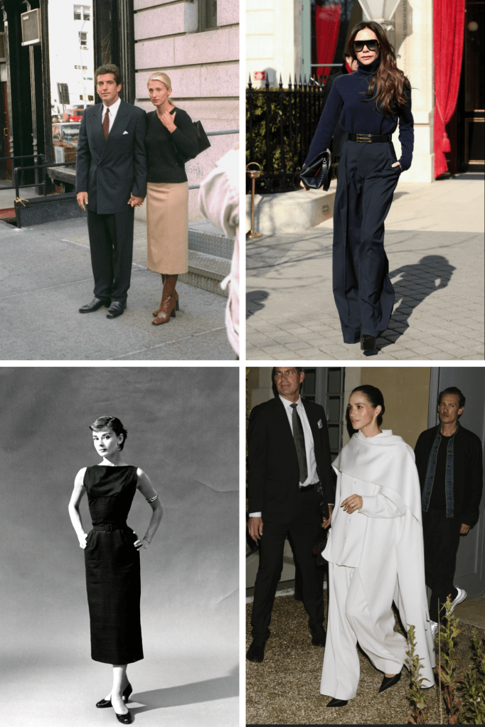 A vintage black and white photo of a woman in a fitted black dress, showcasing classic fashion.