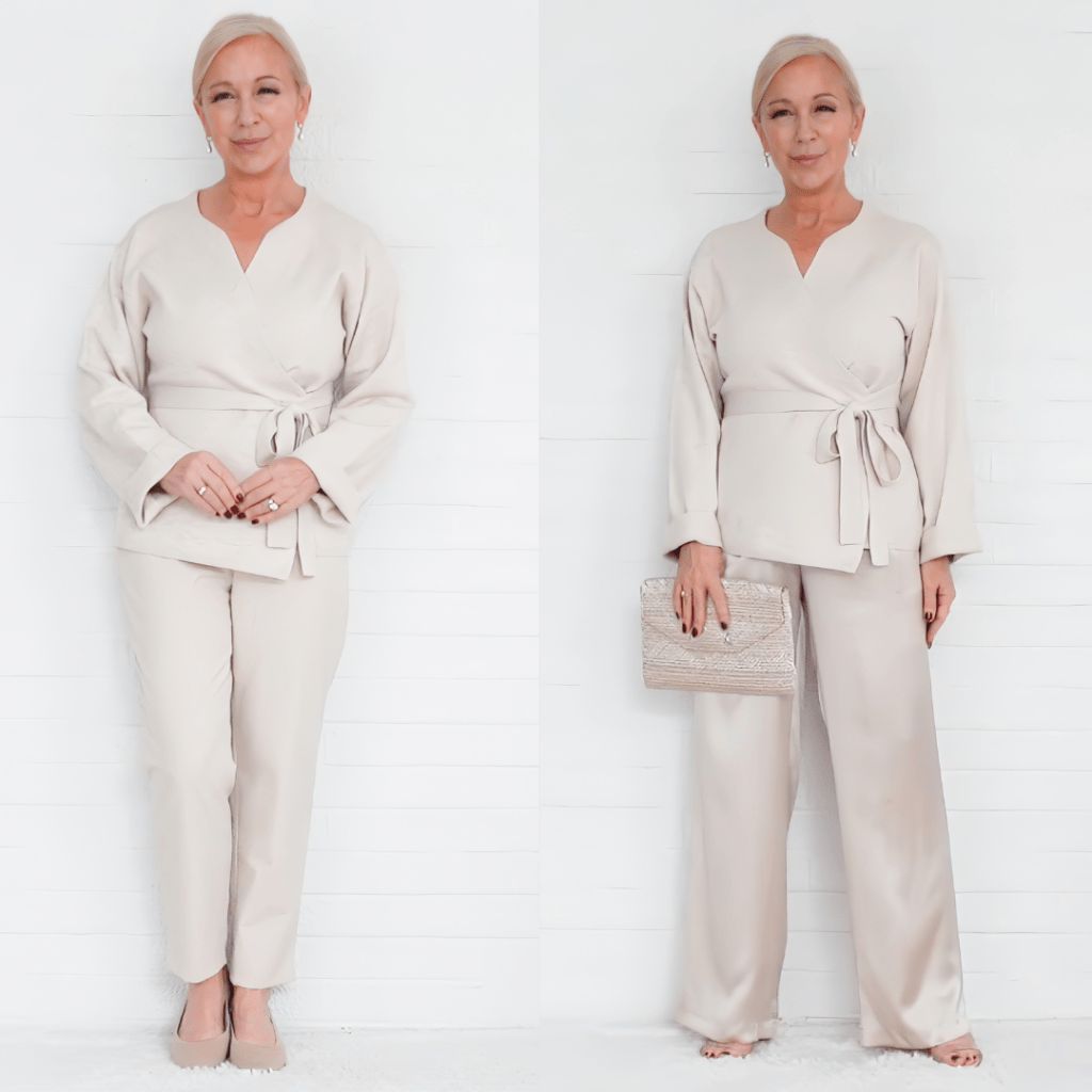 A woman wearing a light beige outfit in a two-panel display, featuring a wrap top and tailored pants on the left, and the same top with wide-legged pants and a clutch on the right, set against a white background.