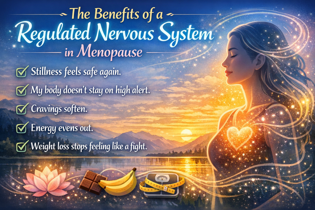 Illustration of a serene woman with long flowing hair, set against a sunset over a mountain landscape. Text highlights the benefits of a regulated nervous system in menopause, including improved stillness, reduced cravings, balanced energy, and easier weight loss.