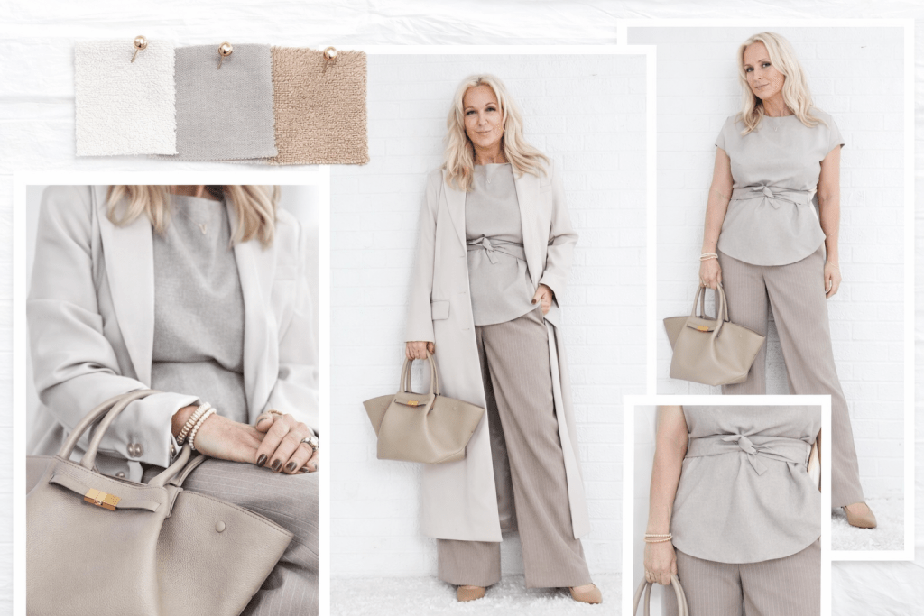A collage featuring a woman in stylish light gray outfit with a flowing top and wide-leg pants. She is holding a beige handbag and posing against a white background. Swatches of fabric in gray, white, and beige are displayed above.