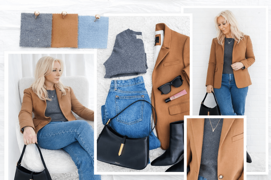 A woman with long blonde hair wearing a brown blazer, gray top, and blue jeans, sitting on a chair with a relaxed pose. She is holding a black handbag. Surrounding her are fabric swatches in blue and brown, along with a layout of clothing items including a gray sweater, sunglasses, lipstick, and black boots.