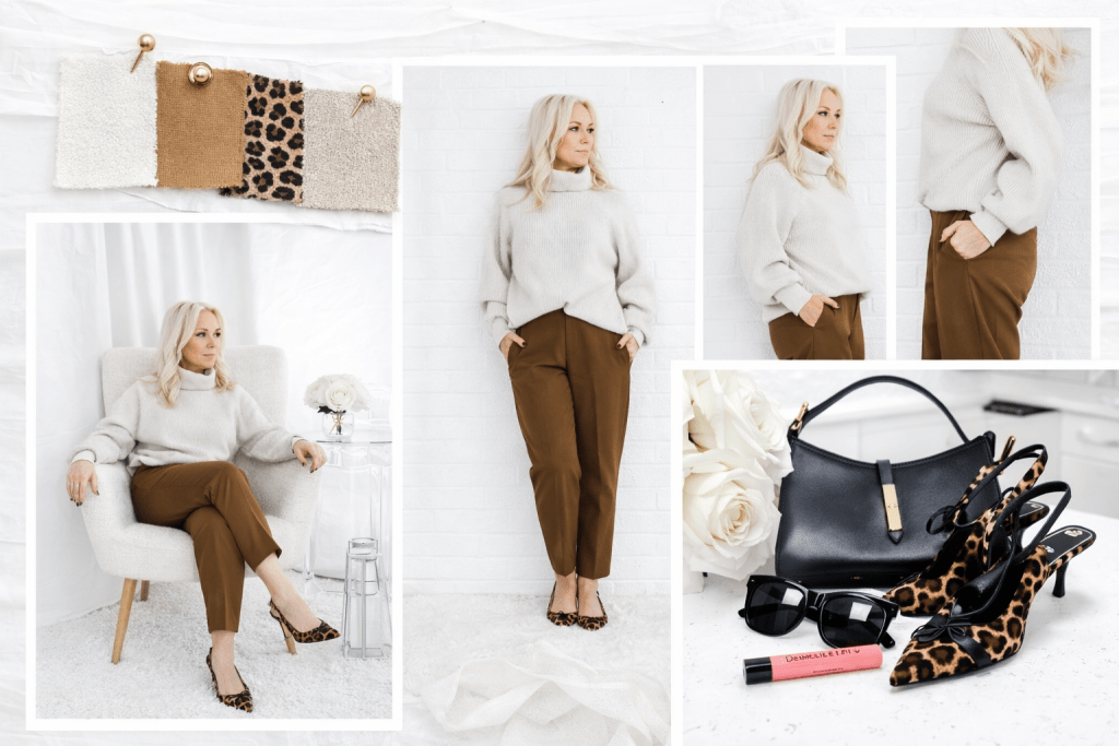 A collage of a stylish outfit featuring a cozy gray sweater and brown pants, with accessories including leopard print heels, a black handbag, and sunglasses. The background includes swatches of fabric in neutral tones and leopard print.