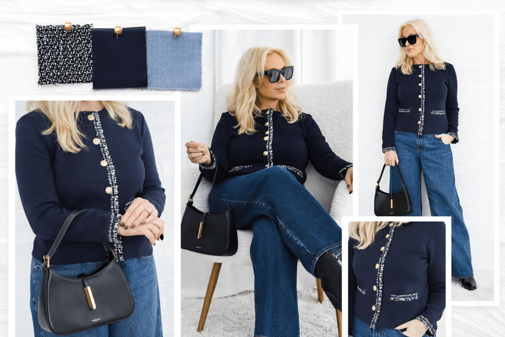 A woman wearing a navy cardigan with buttons, paired with flared denim jeans, sits in a white lounge chair. She holds a black handbag and wears oversized sunglasses. Swatches of fabric in three colors are shown above her.