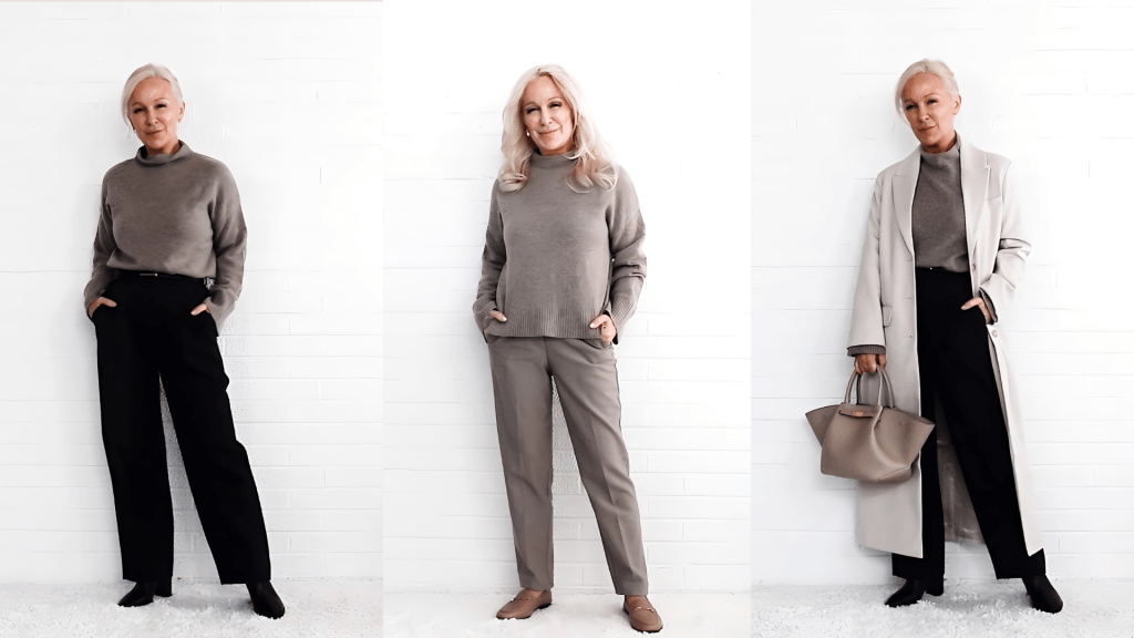 Three outfit looks on a model with light blonde hair, showcased against a white background. The first look features a gray sweater paired with black pants. The second outfit displays a gray sweater with matching gray pants. The third style includes a light beige coat over a gray sweater, combined with black pants and a handbag.