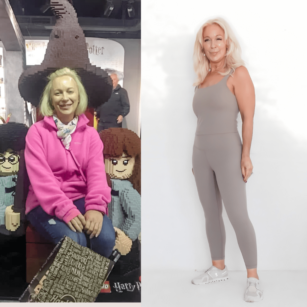 A split image showing a woman on the left sitting next to life-sized LEGO figures in a pink jacket and a white shirt, and on the right standing confidently in a gray activewear outfit with sneakers.