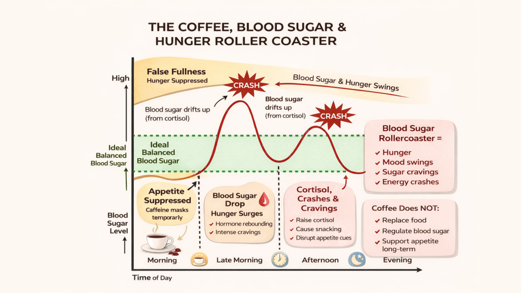 Infographic illustrating the relationship between coffee consumption, blood sugar levels, and hunger fluctuations throughout the day.