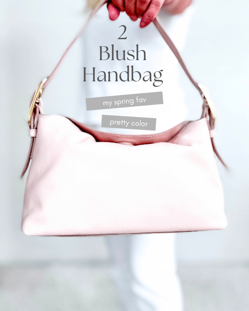A person holding a blush-colored handbag with a stylish design, featuring text overlay that reads '2 Blush Handbag, my spring fav, pretty color'.