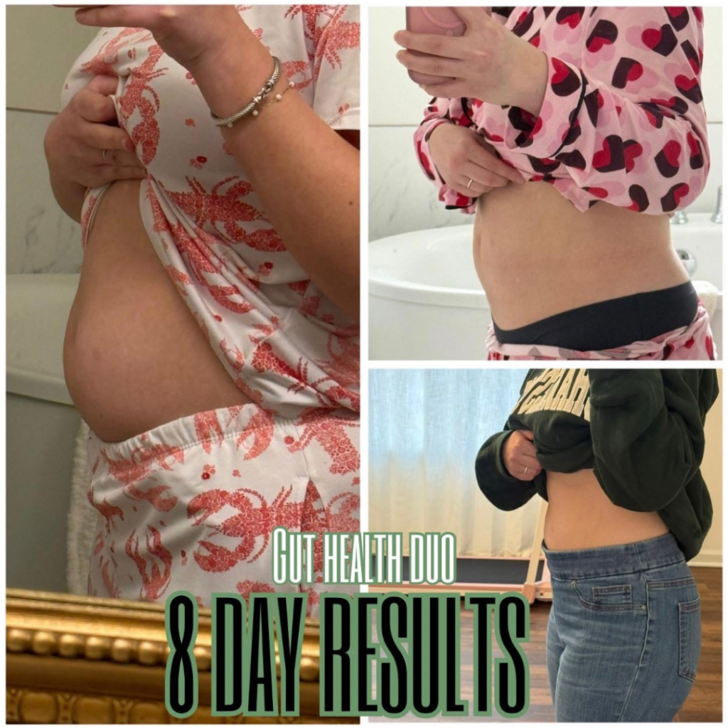 Collage of three images showing women's midsection before and after using a gut health product, labeled 'Cut Health Duo 8 Day Results'.