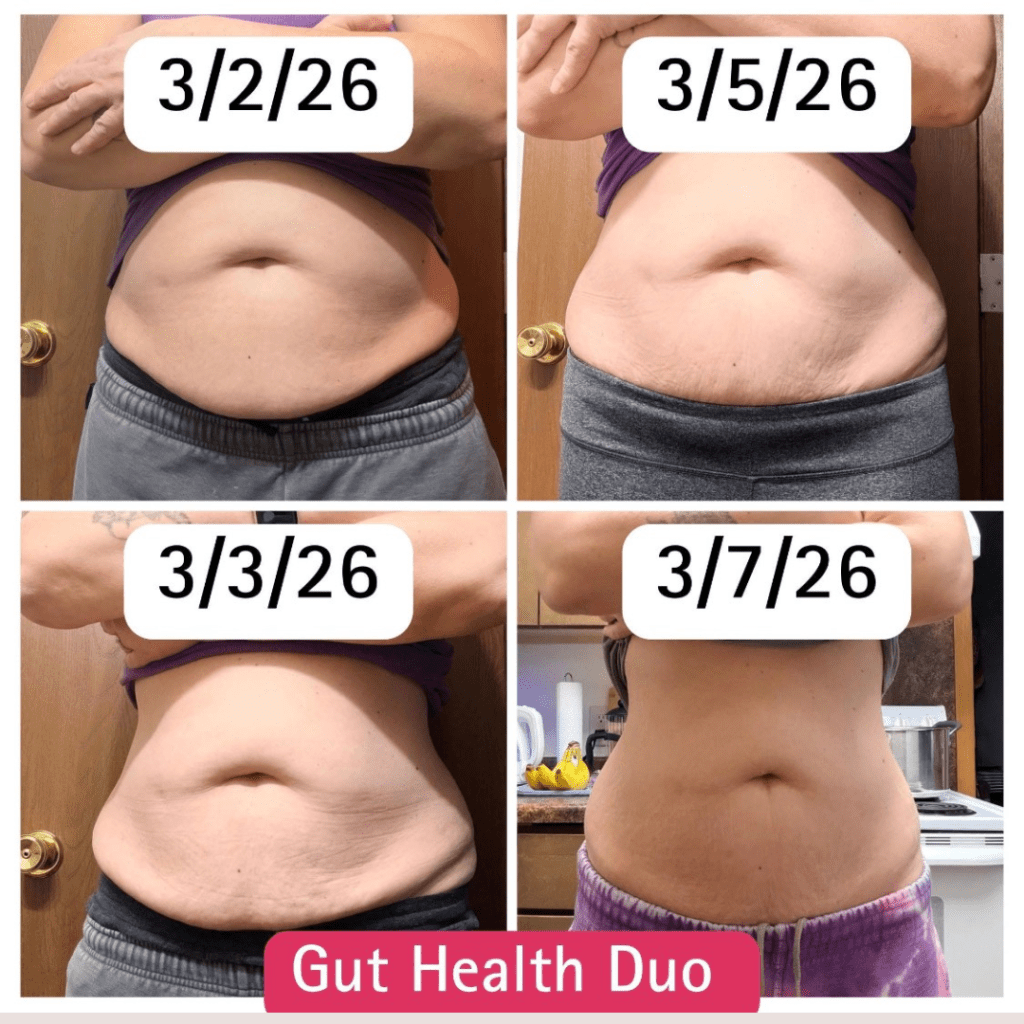 Before and after images showing changes in abdominal area over a series of dates labeled from March 2 to March 7, 2026, with a focus on gut health.
