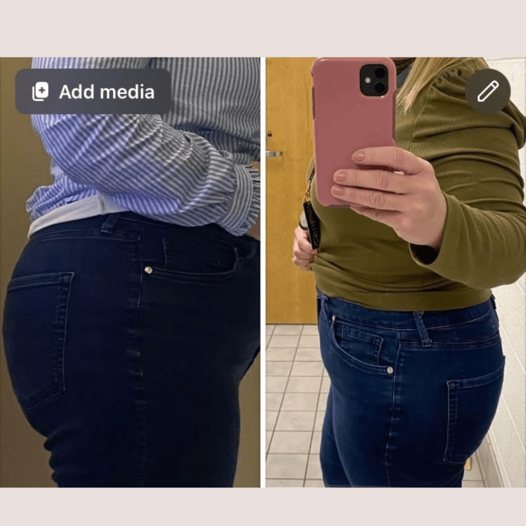 Before and after comparison of a person's side profile showing changes in body shape, wearing dark jeans and different tops.