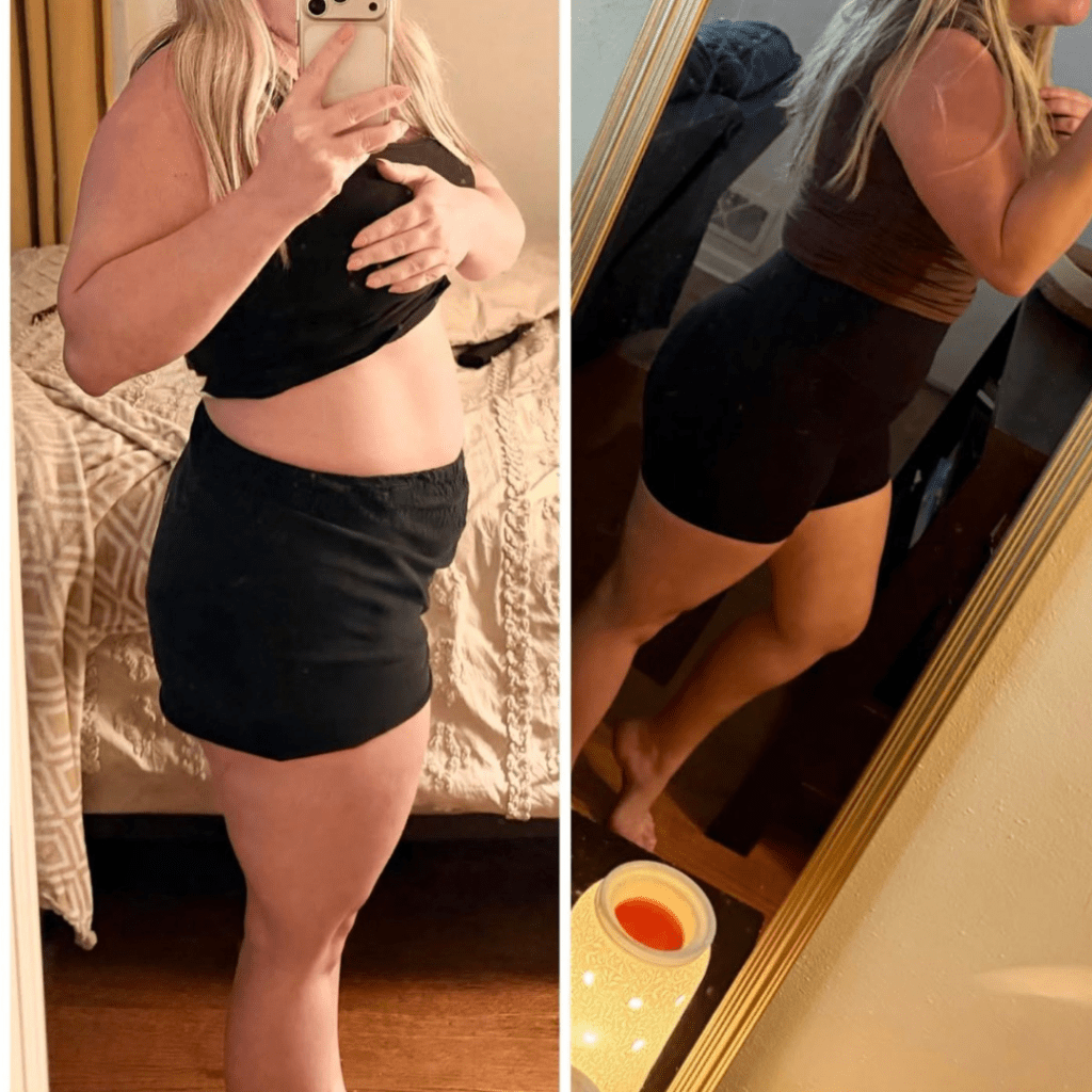 A side-by-side comparison of a person showing two different body angles. On the left, the individual stands in front of a mirror, wearing a black crop top and shorts, with long hair and a slightly relaxed pose. On the right, the same person is captured in a profile view, showcasing a fit body in a brown top and black shorts, with a visible lamp in the background.