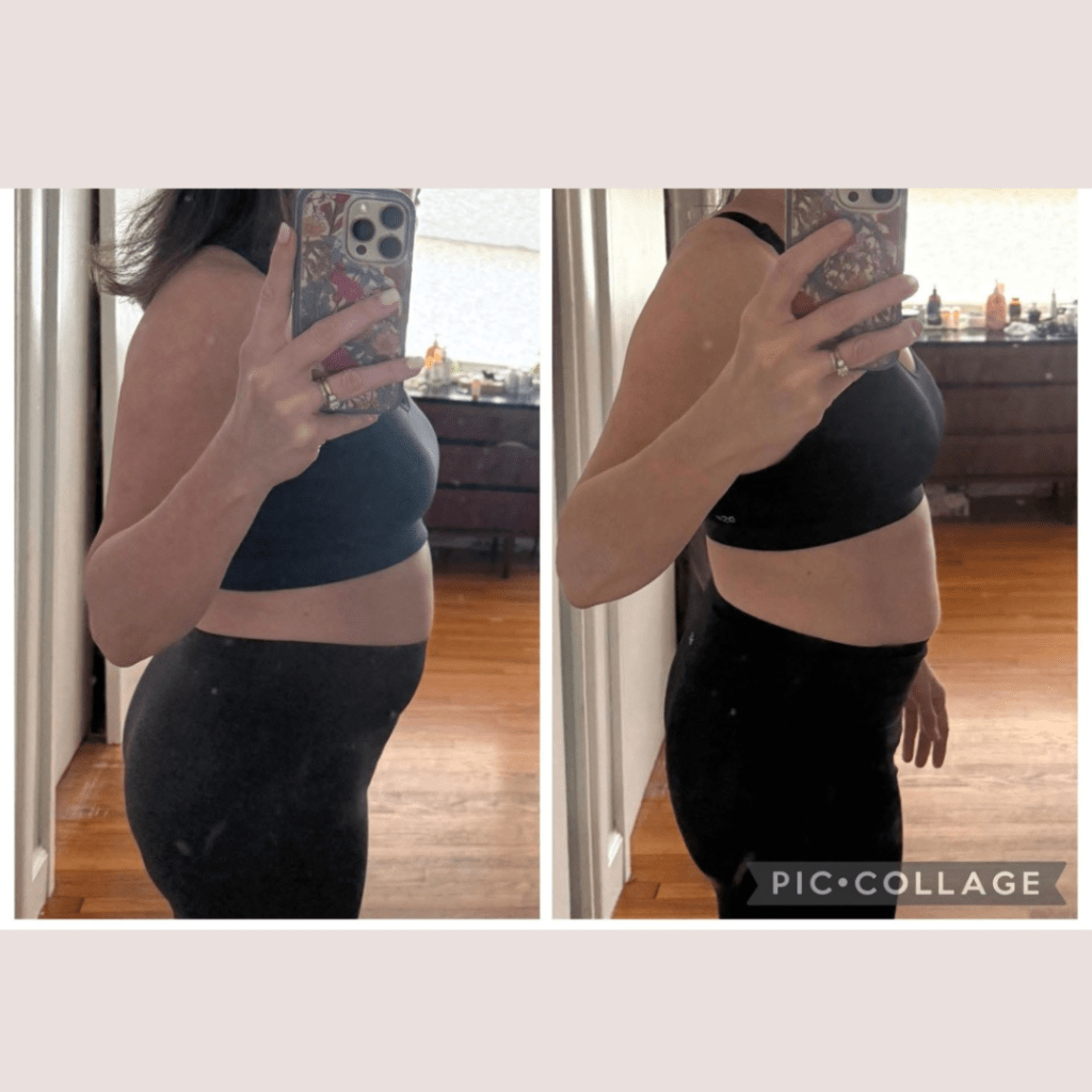A side-by-side comparison of a woman standing in front of a mirror, showing her midsection. The left image shows her with a fuller belly, while the right image shows a flatter stomach, both wearing black leggings and a sports bra.