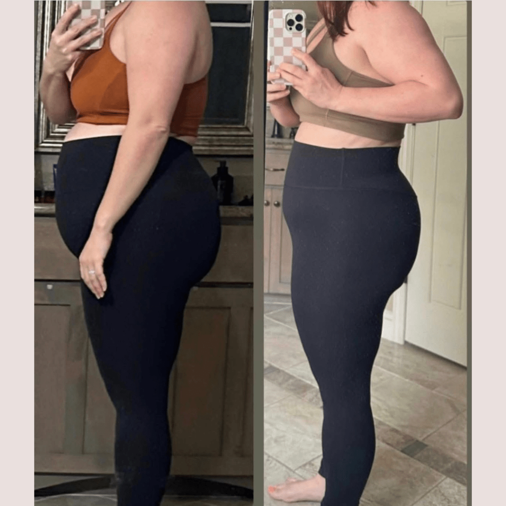 Before and after comparison of a woman in form-fitting athletic wear, showing changes in body shape from the side view.