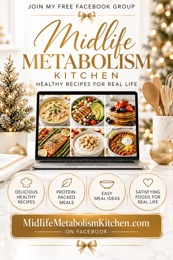 Promotional image for the 'Midlife Metabolism Kitchen' Facebook group featuring healthy recipes, with a laptop displaying various meal images, a festive background, and decorative elements.