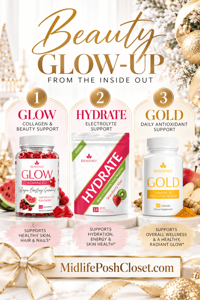 Image showcasing three Bravenly beauty products: 'Glow' collagen gummies, 'Hydrate' electrolyte powder, and 'Gold' turmeric capsules, each with brief descriptions of their benefits, set against a festive backdrop.