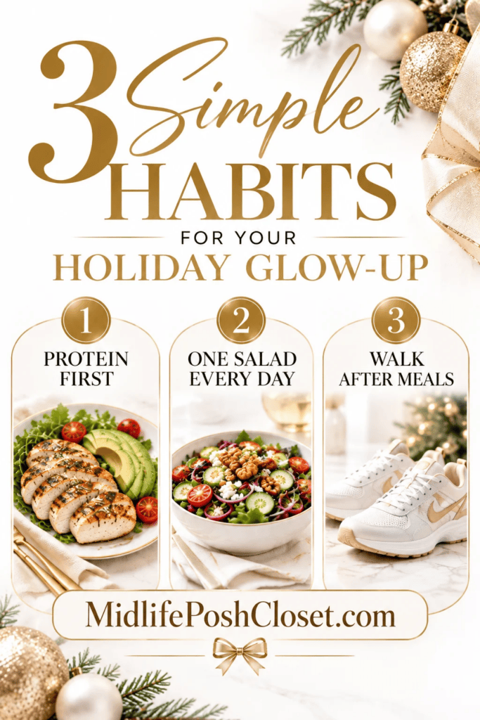 Graphic featuring '3 Simple Habits for Your Holiday Glow-Up': 1. Protein First, showing a dish with chicken and vegetables; 2. One Salad Every Day, displaying a bowl of salad with various toppings; 3. Walk After Meals, with a pair of athletic shoes. Includes the website 'MidlifePoshCloset.com' at the bottom.