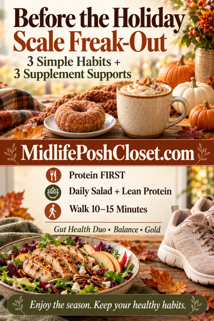 A cozy autumn-themed image featuring a hearty meal with grilled chicken on a bed of mixed greens, surrounded by pumpkin decorations and warm textures, promoting healthy habits for the holiday season.