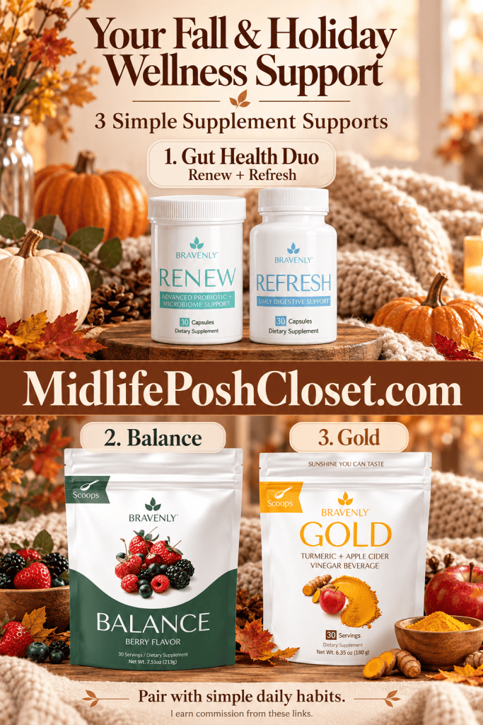An autumn-themed display featuring Bravenly wellness supplements: Gut Health Duo, Balance in berry flavor, and Gold with turmeric and apple cider vinegar. Includes pumpkins and seasonal decor.
